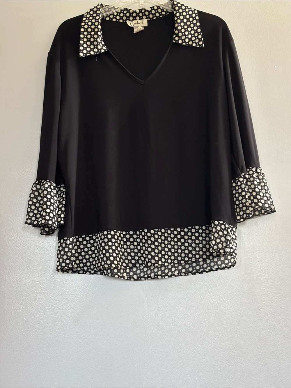 Carducci  Black V-Neck Blouse with Polka Dot Trim
